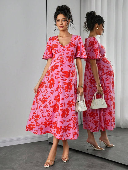 Maternity Floral A-Line Long Dress - Deep V Neck, Puff Half Sleeve, Slit Hem, Loose Fit, Hot Pink