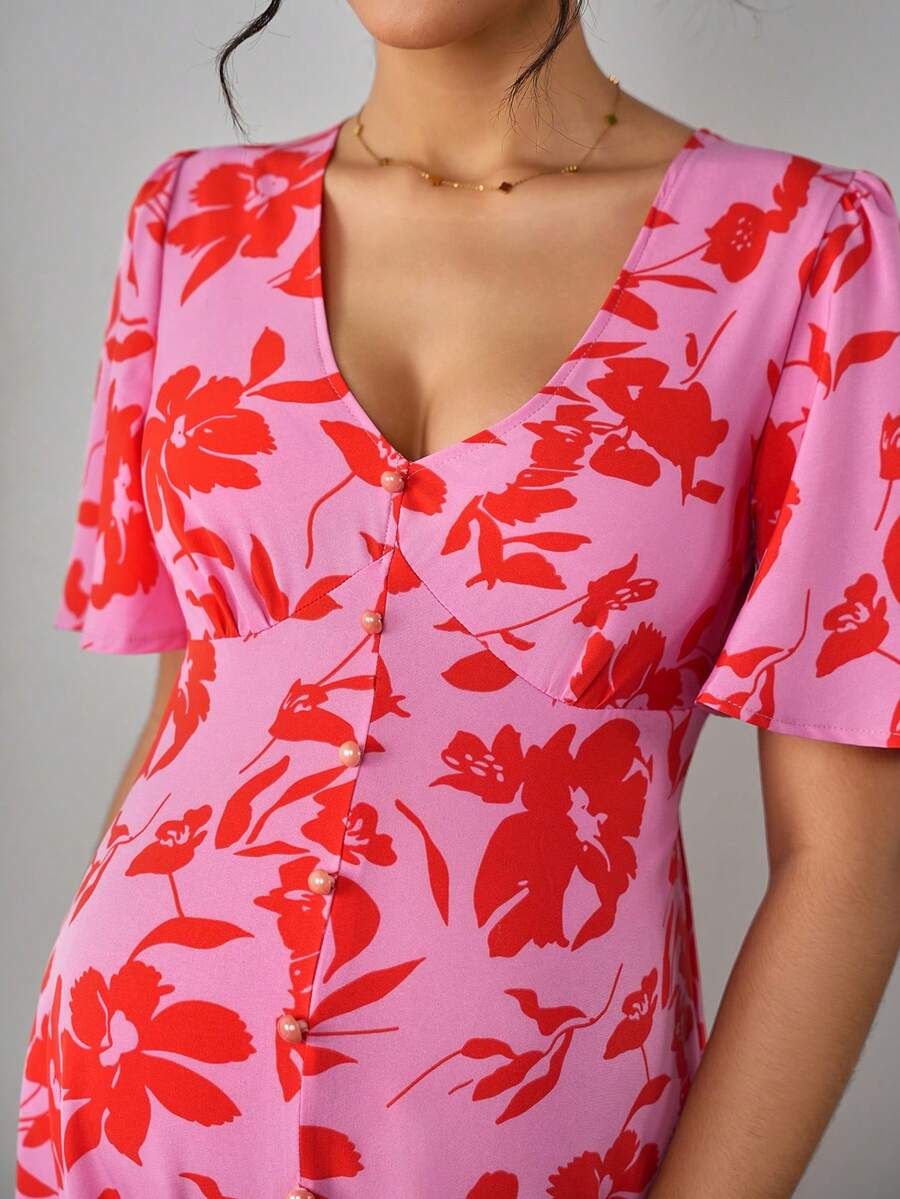 Maternity Floral A-Line Long Dress - Deep V Neck, Puff Half Sleeve, Slit Hem, Loose Fit, Hot Pink