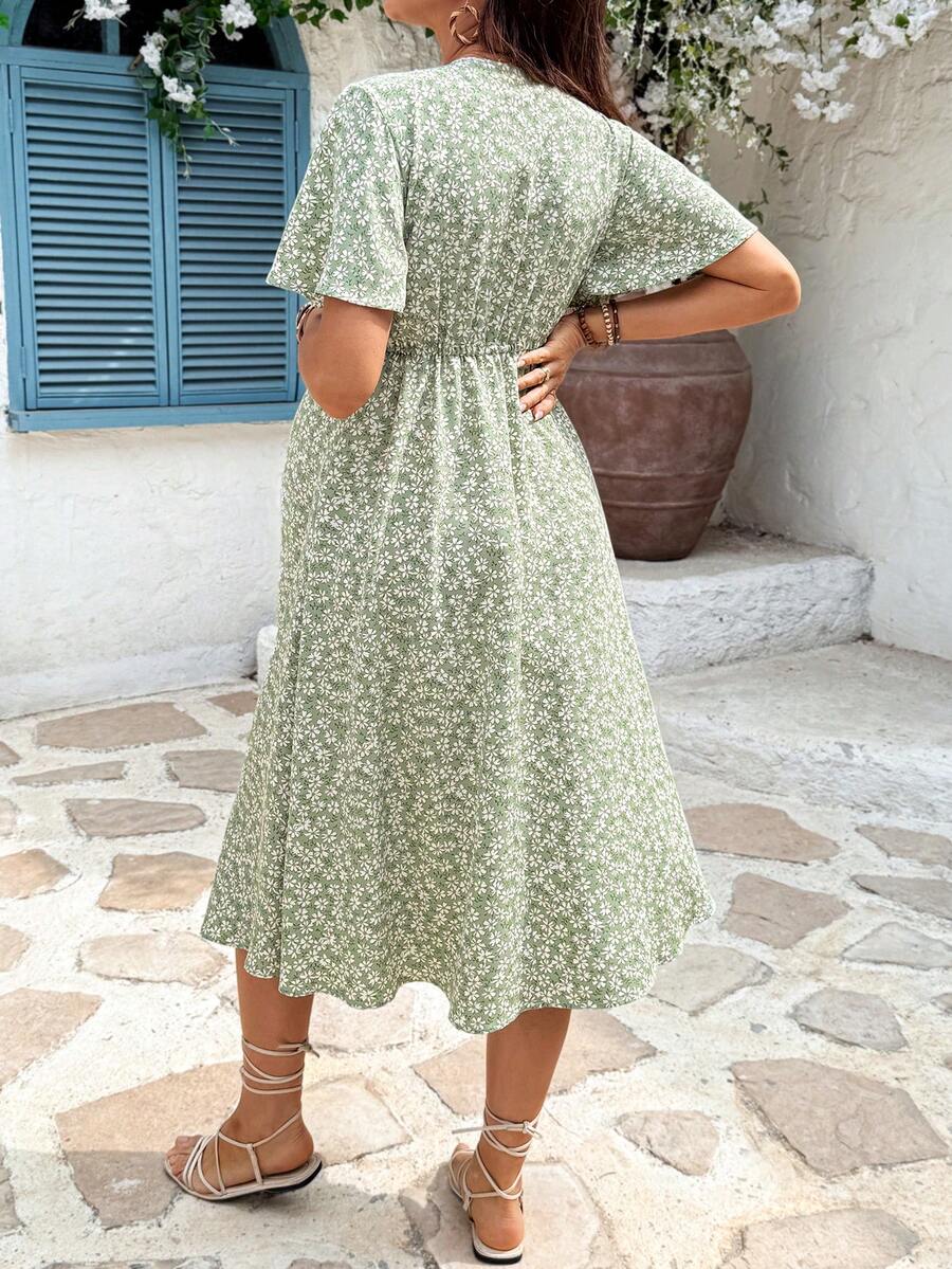 Maternity Floral A-Line Midi Dress - V Neck, Short Sleeve, Padded, Regular Fit, Blue