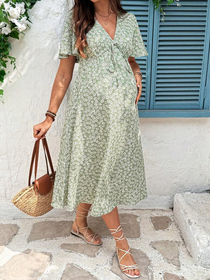 Maternity Floral A-Line Midi Dress - V Neck, Short Sleeve, Padded, Regular Fit, Blue