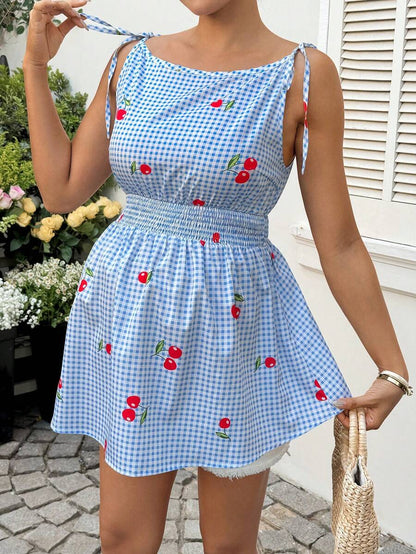 Blue and White Plaid Cherry Print Maternity Spaghetti Strap Top Boho Boat Neck Shirred Waist Cinching Summer Vacation Shirt