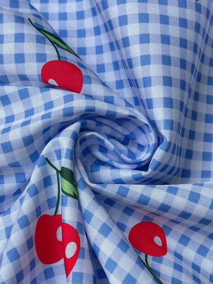 Blue and White Plaid Cherry Print Maternity Spaghetti Strap Top Boho Boat Neck Shirred Waist Cinching Summer Vacation Shirt