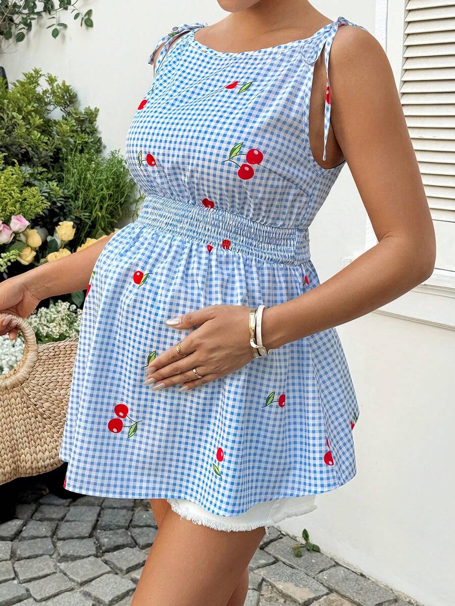 Blue and White Plaid Cherry Print Maternity Spaghetti Strap Top Boho Boat Neck Shirred Waist Cinching Summer Vacation Shirt