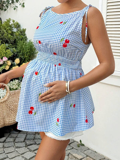 Blue and White Plaid Cherry Print Maternity Spaghetti Strap Top Boho Boat Neck Shirred Waist Cinching Summer Vacation Shirt