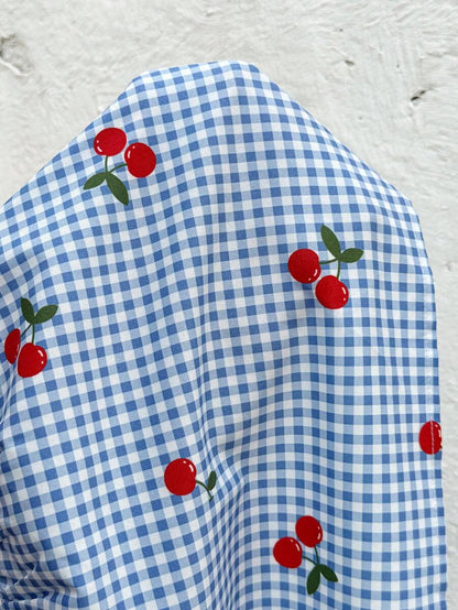 Blue and White Plaid Cherry Print Maternity Dress with Square Neck Ruffle Trim Flounce Cap Sleeve Slim Fit Summer Beach Mini Dress