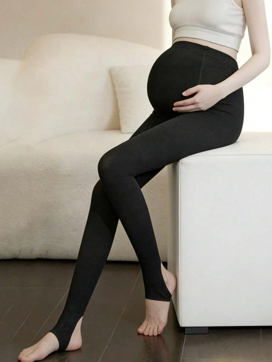 Maternity Vertical Striped Leggings - Black Dark Grey Spring Autumn Overwear Stirrup Tights