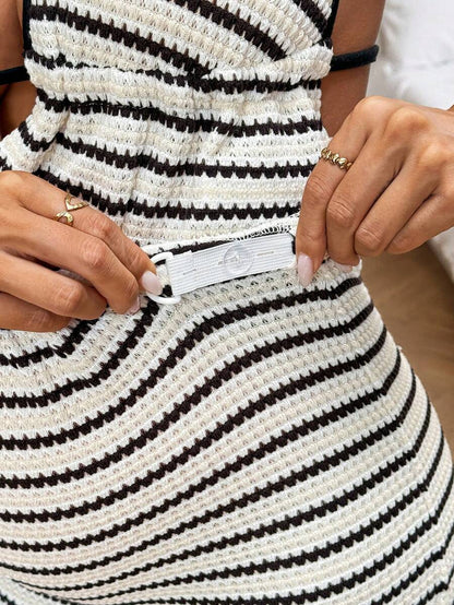 Striped Halter Maternity Two Piece Set Black and White Backless Knitted Crop Top and Mini Shorts Summer Beach Vacation Outfit