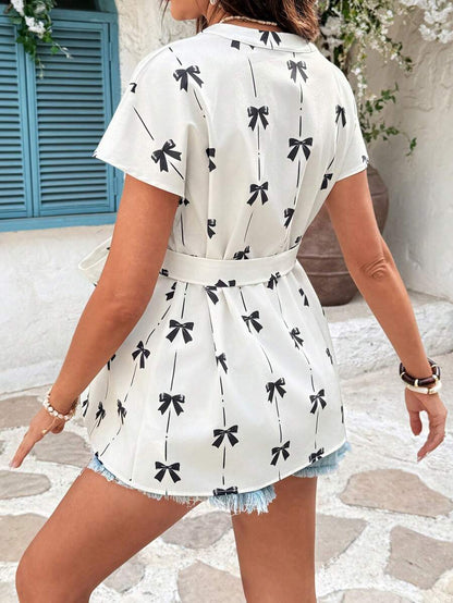 Apricot Maternity V-Neck Short Sleeve Blouse with Bow Belted Loose Batwing Top for Summer Casual Vacation Holiday and Everyday Wear