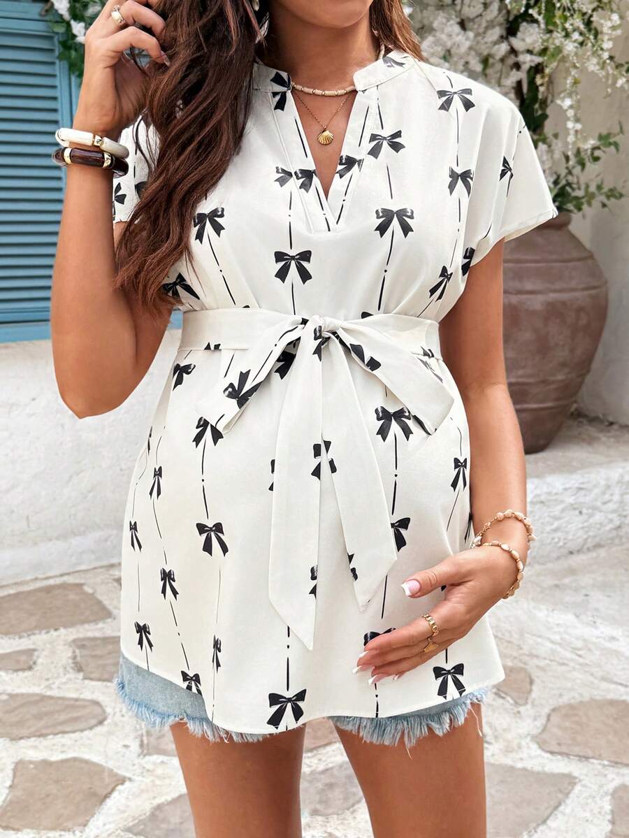 Apricot Maternity V-Neck Short Sleeve Blouse with Bow Belted Loose Batwing Top for Summer Casual Vacation Holiday and Everyday Wear