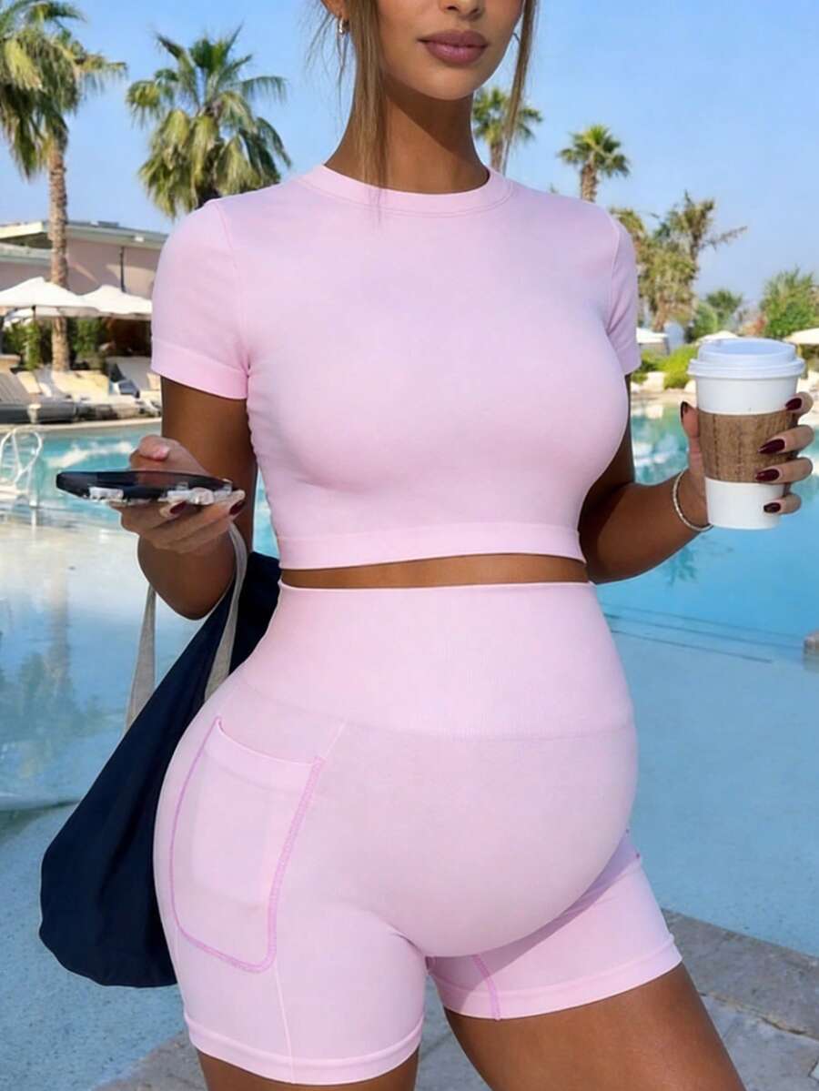 Baby Blue Maternity Sports Set - Micro Crop Short Sleeve T-Shirt and High Waist Double Waistband Shorts - High Stretch Slim Fit Athletic Wear