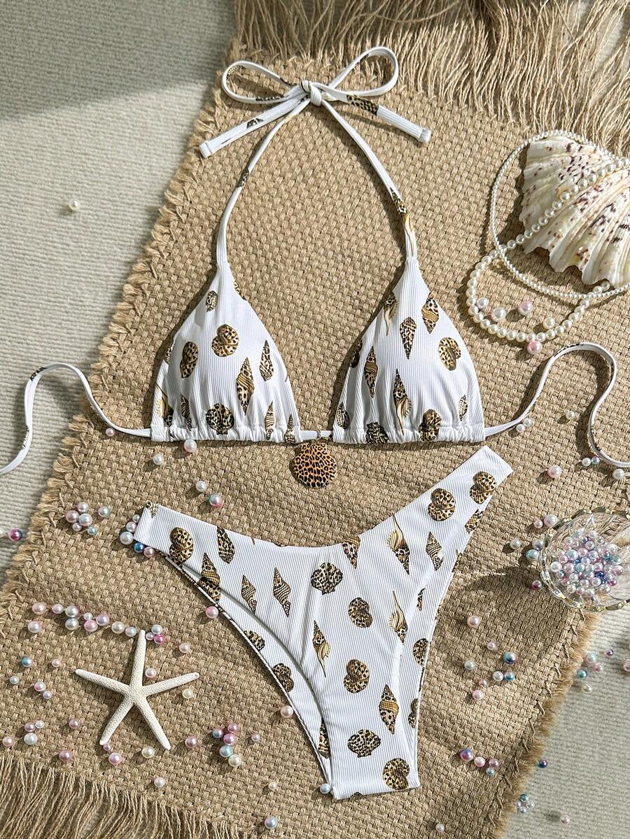 Swim Mod Summer 2 Pieces Outfits For Women - Spaghetti Strap Random Print Top And High Cut Swim Bottoms, Beach Holiday Bikini Set