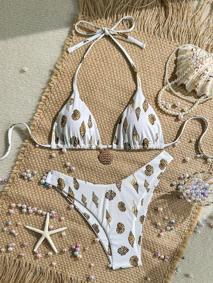 Swim Vcay Swim Mod Summer 2pcs Halter Random Floral Print & High Cut Bottoms Bikini Set, Beach Vacation
