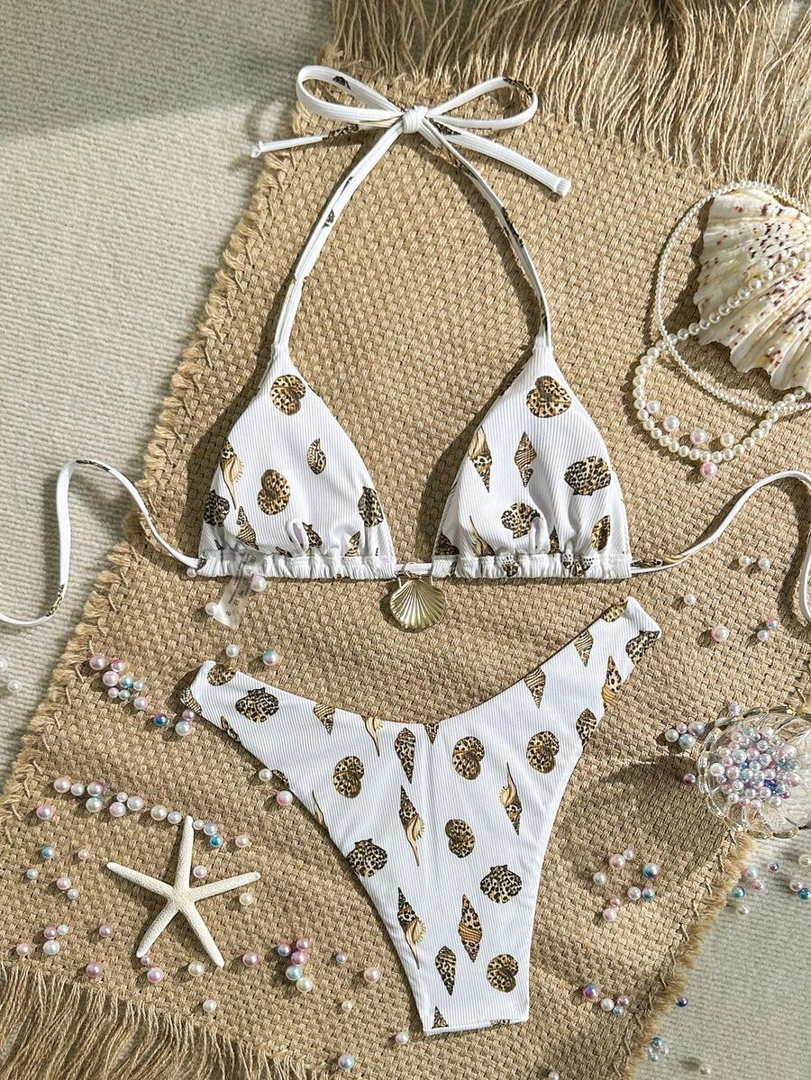 Swim Mod Summer 2 Pieces Outfits For Women - Spaghetti Strap Random Print Top And High Cut Swim Bottoms, Beach Holiday Bikini Set