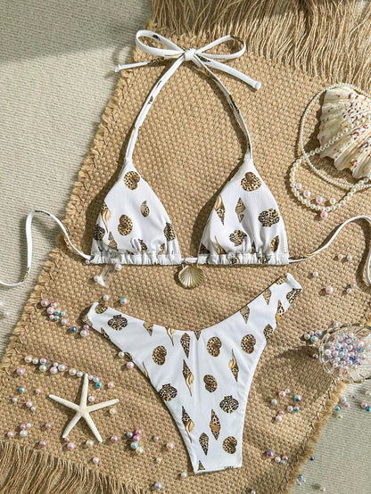 Swim Vcay Swim Mod Summer 2pcs Halter Random Floral Print & High Cut Bottoms Bikini Set, Beach Vacation