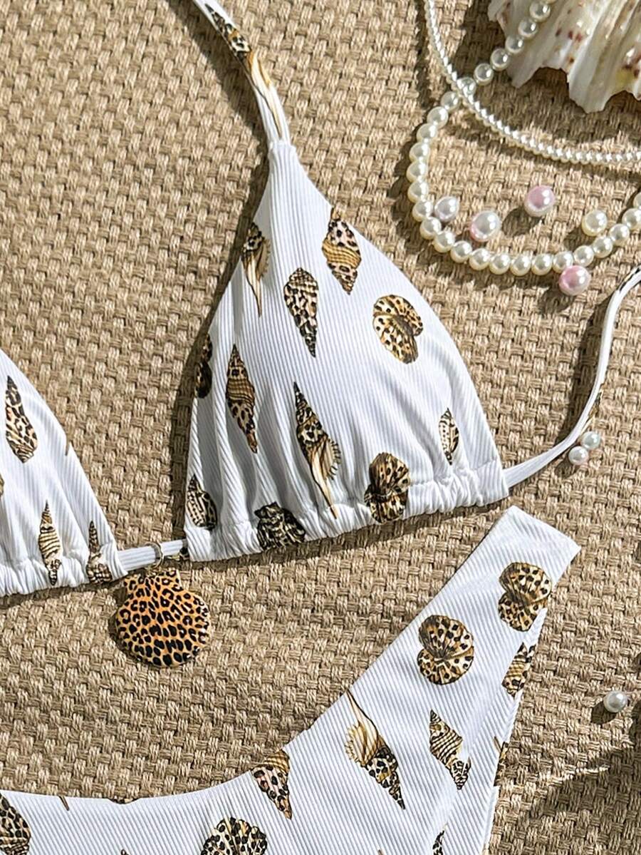 Swim Vcay Swim Mod Summer 2pcs Halter Random Floral Print & High Cut Bottoms Bikini Set, Beach Vacation