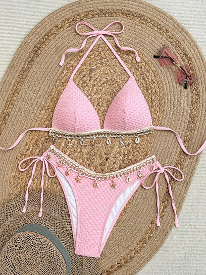 Swim Vcay Springbreak Solid Textured Fabric Shell Lanyard Decoration Halter Bikini Top & Tie-Up Triangle Bottoms, Summer Beach Party Women Bikini Set