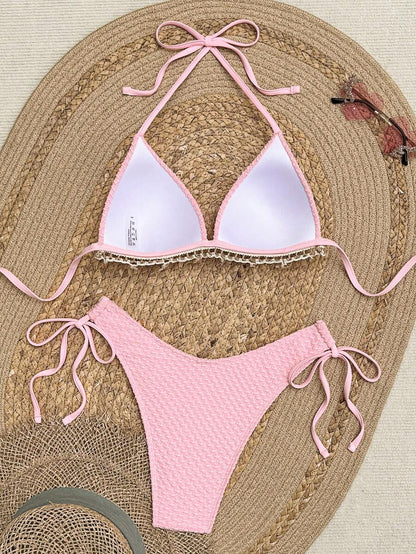 Women's 2-Piece Boho Halter Bikini Set - Shell Strap, Tie Side, Push Up, Pink