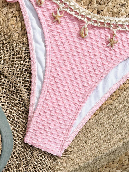 Women's 2-Piece Boho Halter Bikini Set - Shell Strap, Tie Side, Push Up, Pink