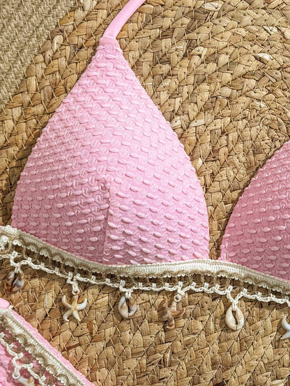 Swim Vcay Springbreak Solid Textured Fabric Shell Lanyard Decoration Halter Bikini Top & Tie-Up Triangle Bottoms, Summer Beach Party Women Bikini Set