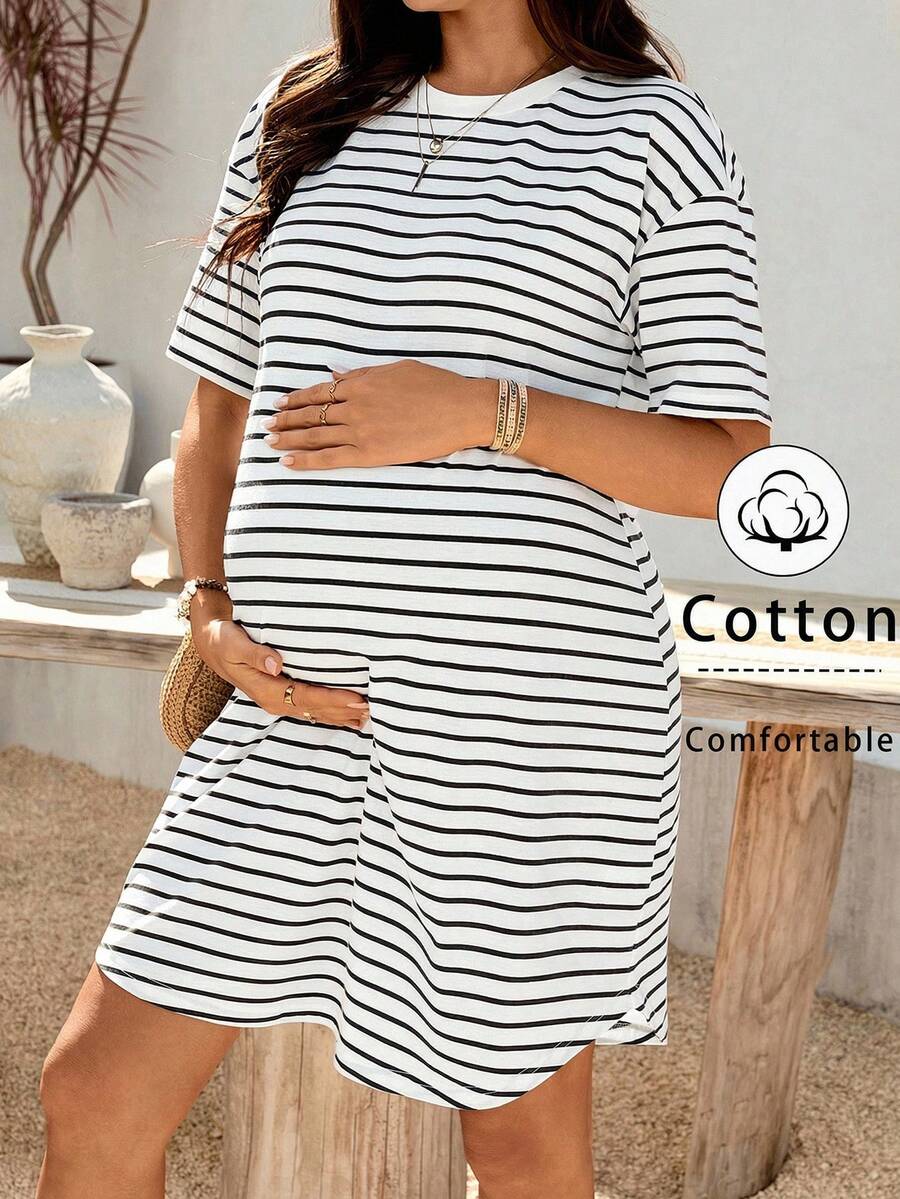 Maternity Striped Tee Dress - Drop Shoulder, Round Neck, High Stretch, Pink