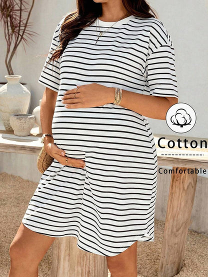 Maternity Striped Tee Dress - Drop Shoulder, Round Neck, High Stretch, Pink