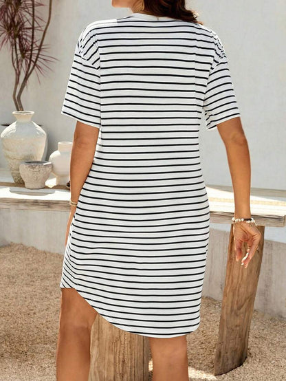 Maternity Striped Tee Dress - Drop Shoulder, Round Neck, High Stretch, Pink
