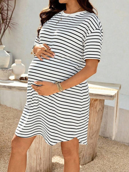 Maternity Striped Tee Dress - Drop Shoulder, Round Neck, High Stretch, Pink