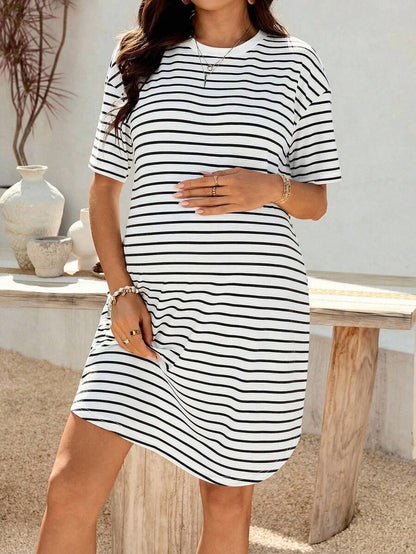 Maternity Striped Tee Dress - Drop Shoulder, Round Neck, High Stretch, Pink
