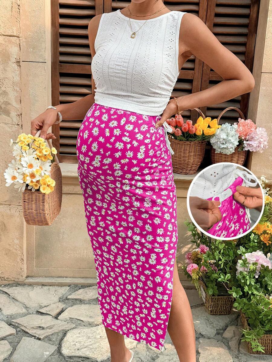 Maternity 2-Piece Set with Floral Embroidery Tank Top and Daisy Print Midi Skirt for Beach Vacation and Casual Summer Wear