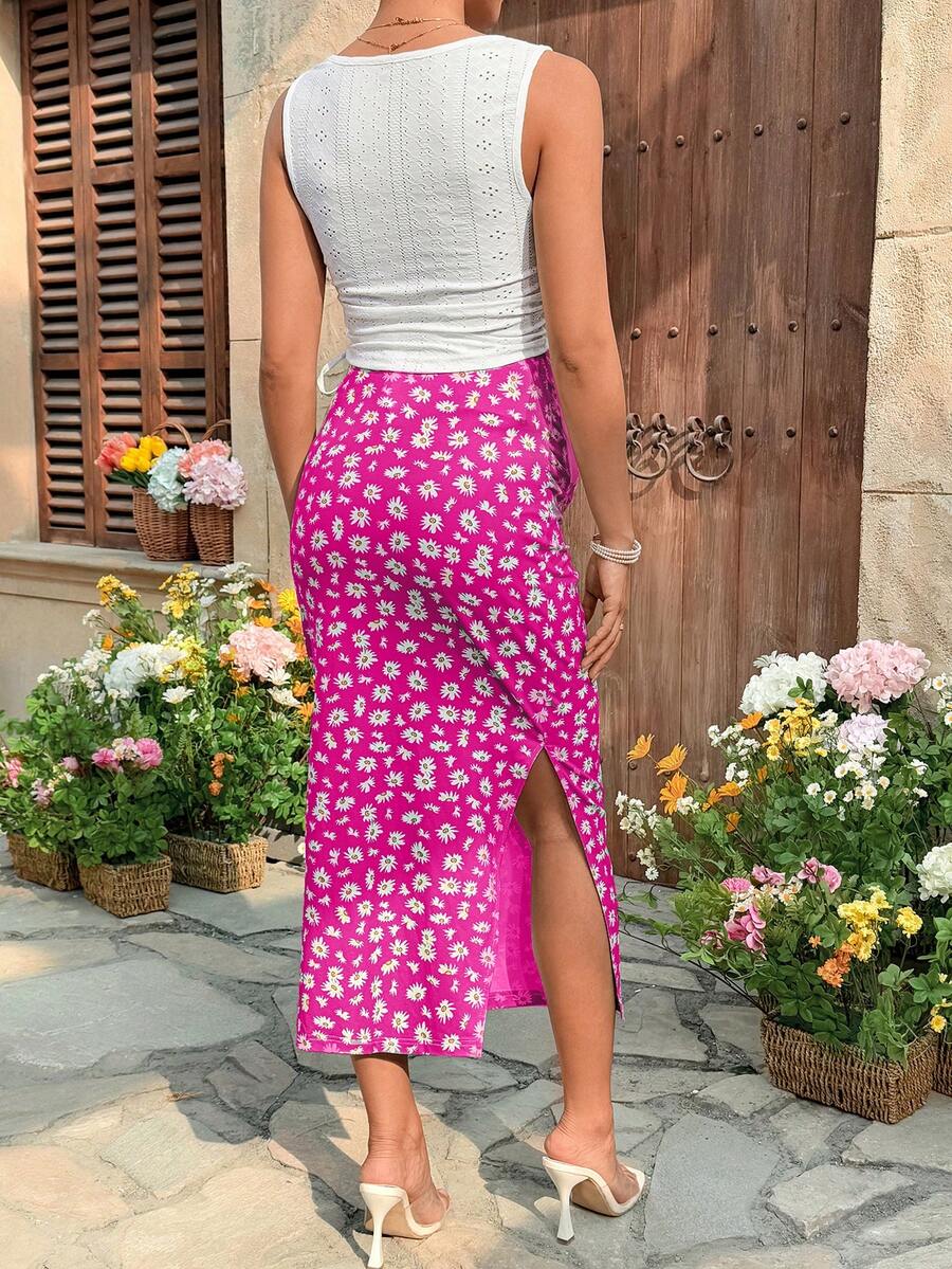 Maternity 2-Piece Set with Floral Embroidery Tank Top and Daisy Print Midi Skirt for Beach Vacation and Casual Summer Wear