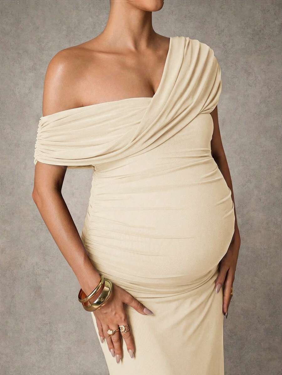 Elegant Solid Color Ruched Asymmetric Neck Slit Maternity Dress, Summer