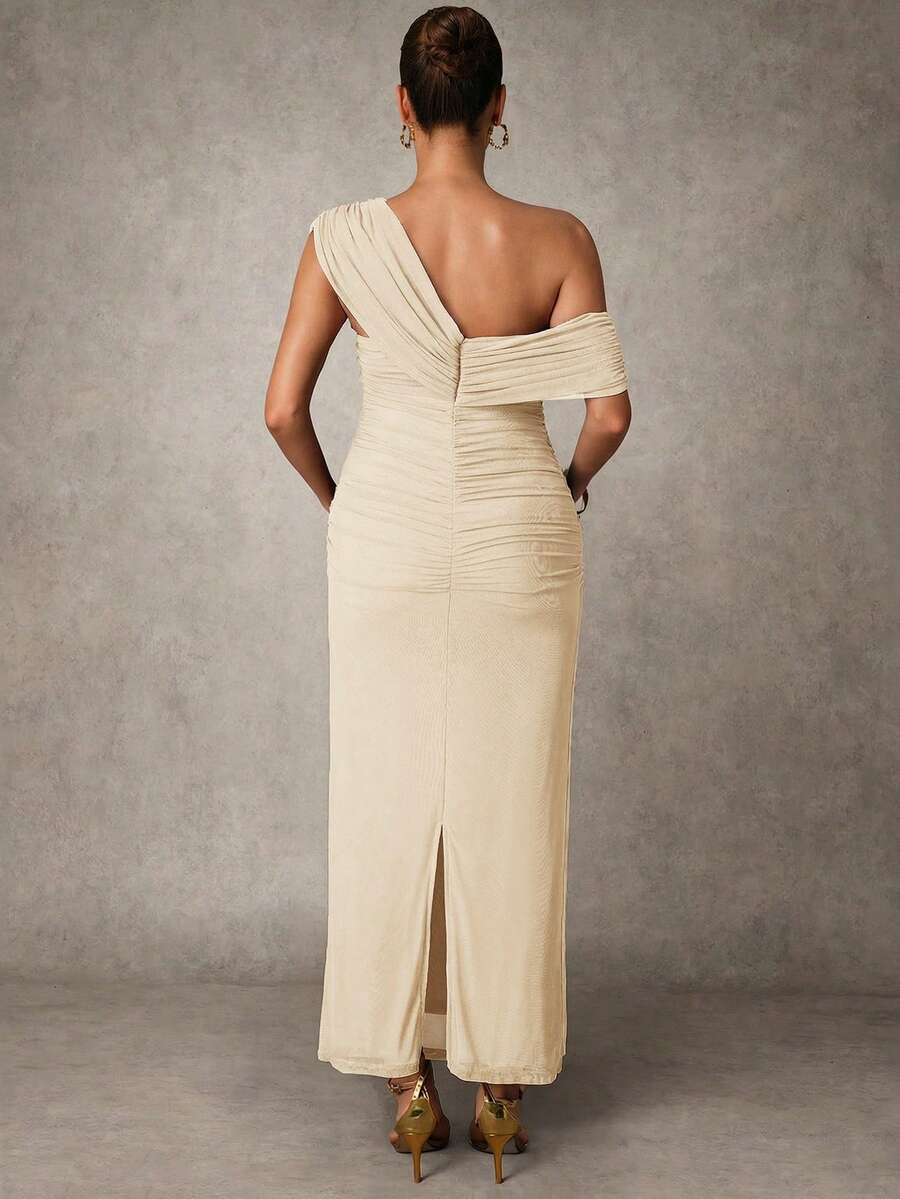Elegant Solid Color Ruched Asymmetric Neck Slit Maternity Dress, Summer