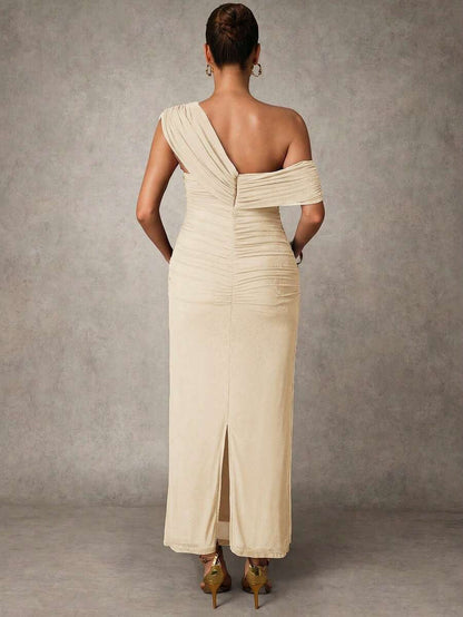 Elegant Solid Color Ruched Asymmetric Neck Slit Maternity Dress, Summer
