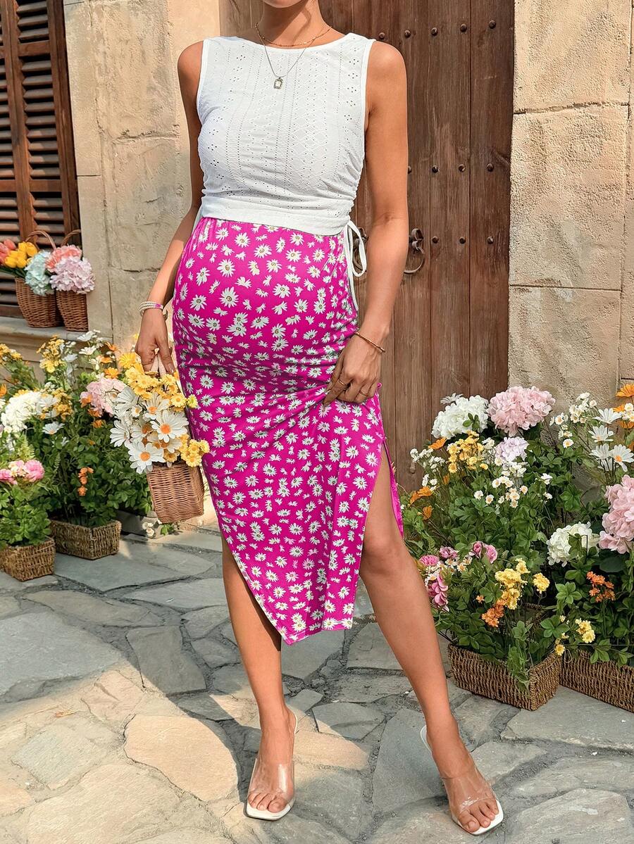 Maternity 2-Piece Set with Floral Embroidery Tank Top and Daisy Print Midi Skirt for Beach Vacation and Casual Summer Wear