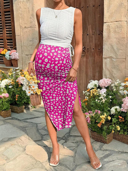 Maternity 2-Piece Set with Floral Embroidery Tank Top and Daisy Print Midi Skirt for Beach Vacation and Casual Summer Wear