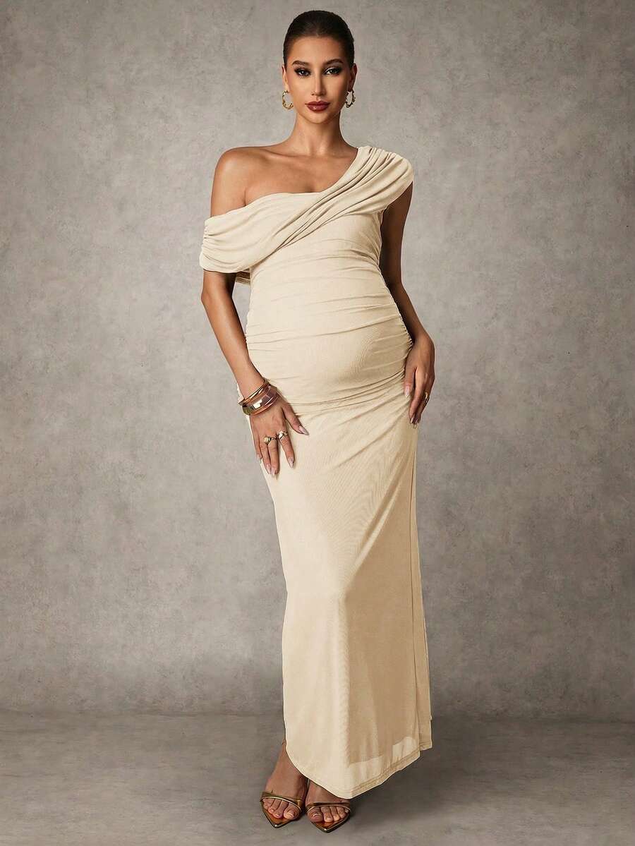 Elegant Solid Color Ruched Asymmetric Neck Slit Maternity Dress, Summer