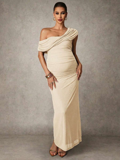 Elegant Solid Color Ruched Asymmetric Neck Slit Maternity Dress, Summer