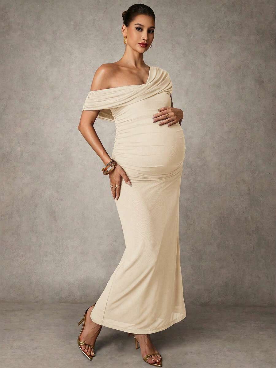 Elegant Solid Color Ruched Asymmetric Neck Slit Maternity Dress, Summer