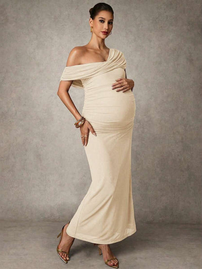Elegant Solid Color Ruched Asymmetric Neck Slit Maternity Dress, Summer