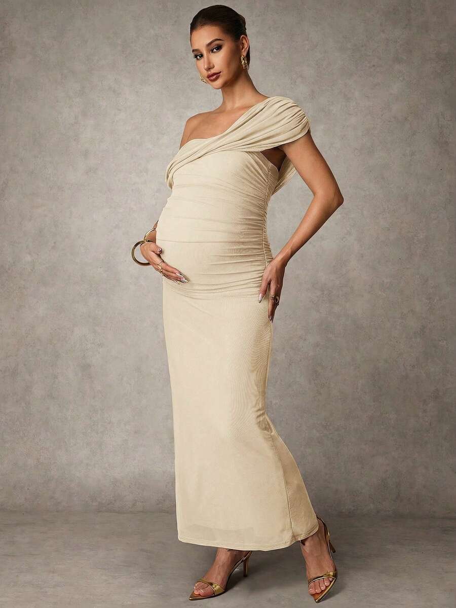 Elegant Solid Color Ruched Asymmetric Neck Slit Maternity Dress, Summer