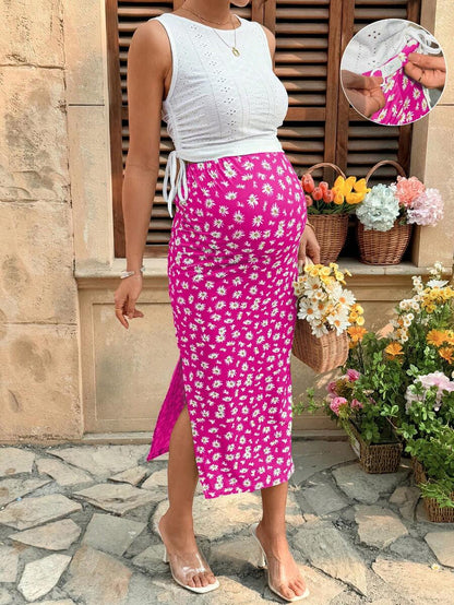 Maternity 2-Piece Set with Floral Embroidery Tank Top and Daisy Print Midi Skirt for Beach Vacation and Casual Summer Wear
