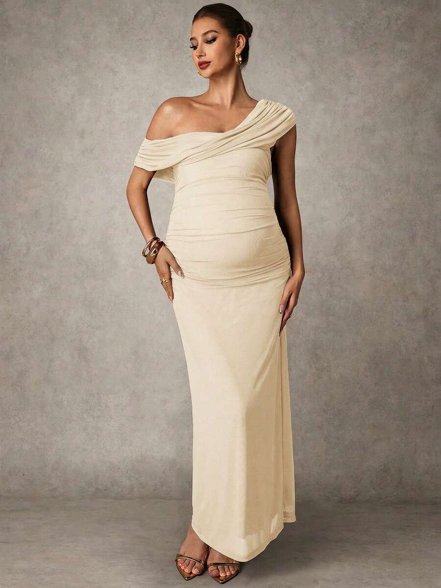 Elegant Solid Color Ruched Asymmetric Neck Slit Maternity Dress, Summer