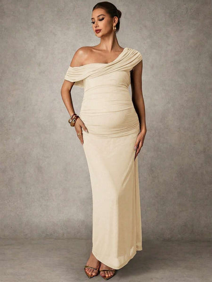 Elegant Solid Color Ruched Asymmetric Neck Slit Maternity Dress, Summer
