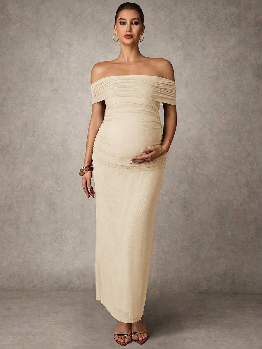 Elegant Solid Color Ruched Asymmetric Neck Slit Maternity Dress, Summer
