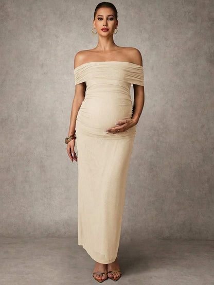 Elegant Solid Color Ruched Asymmetric Neck Slit Maternity Dress, Summer