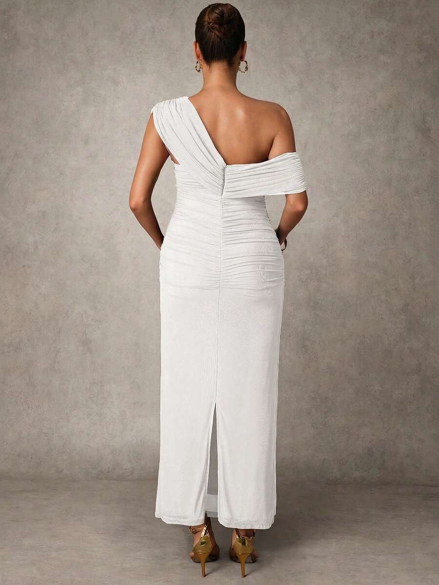 Elegant Solid Color Ruched Asymmetric Neck Slit Maternity Dress, Summer