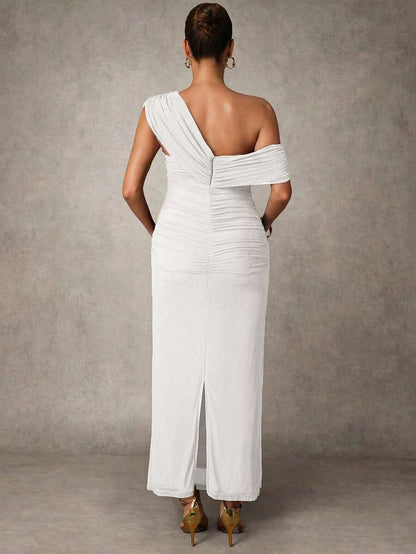 Elegant Solid Color Ruched Asymmetric Neck Slit Maternity Dress, Summer