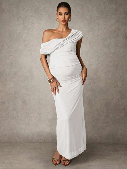 Elegant Solid Color Ruched Asymmetric Neck Slit Maternity Dress, Summer