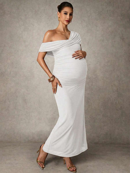 Elegant Solid Color Ruched Asymmetric Neck Slit Maternity Dress, Summer