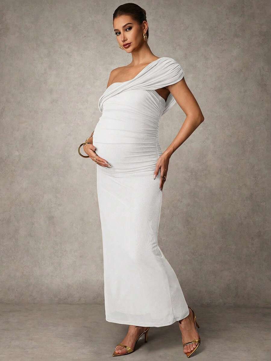 Elegant Solid Color Ruched Asymmetric Neck Slit Maternity Dress, Summer